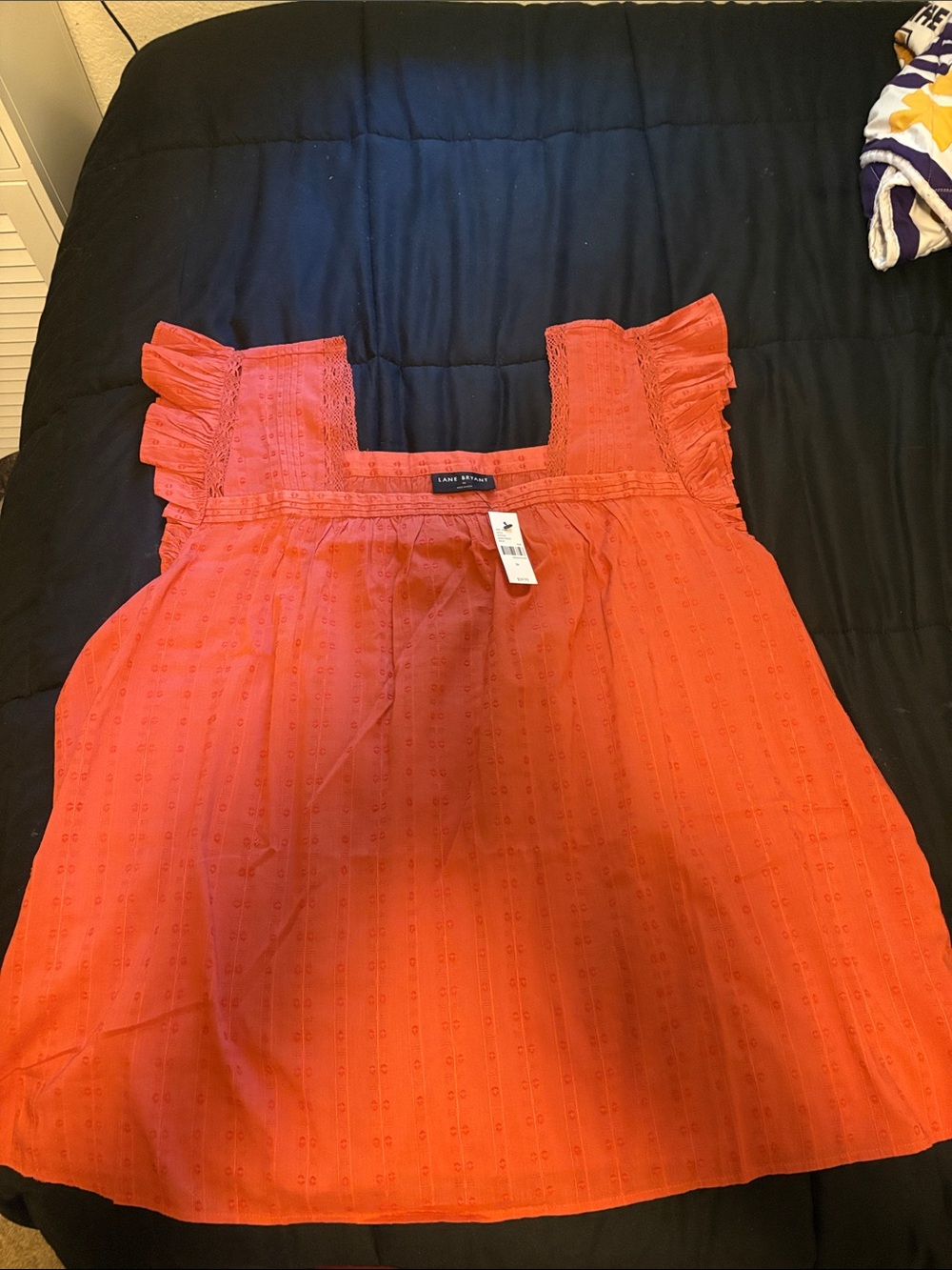 Lane Bryant Coral Eyelet Ruffle Strap Square-Neck Top